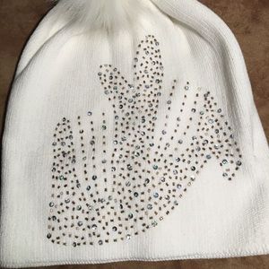 WINTER WHITE BRAND NEW GENUINE FUR POM POM CRYSTAL EMBELLISHED COTTON HAT